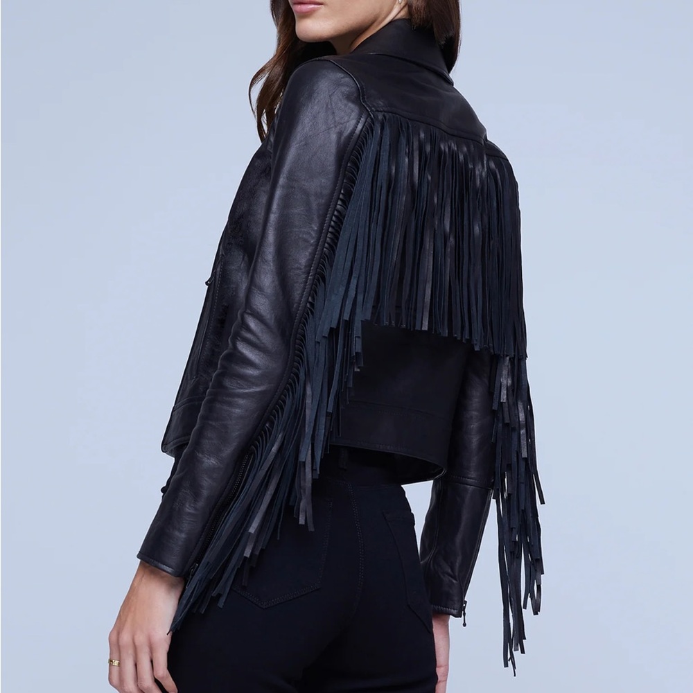 $1595Msrp NWT L'AGENCE XS Black 100% Lamb Leather Fringe Moto Jacket